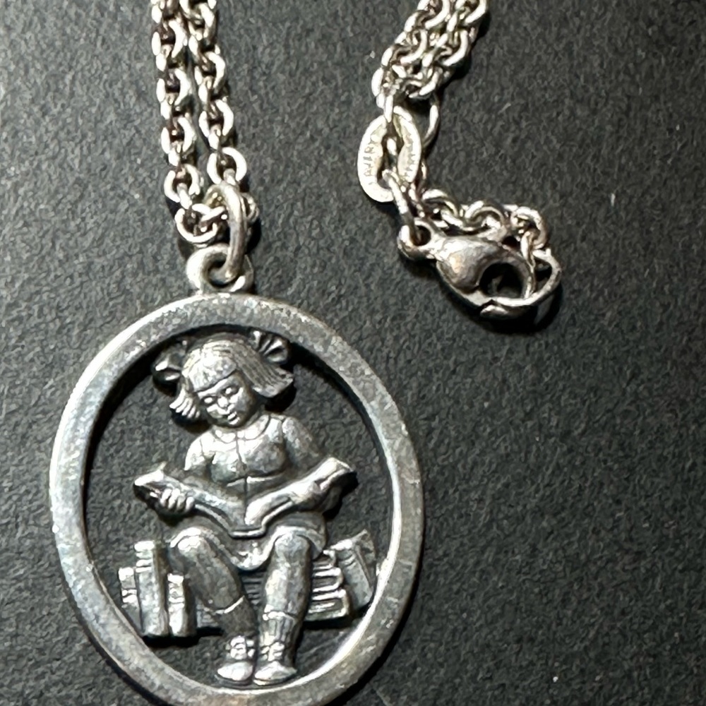 James Avery necklace 925 pendant & chain girl reading school books rare find